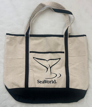 SeaWorld Canvas Tote Bag Beige Black Cotton Shoulder Shopping Beach Bag 18x18 in